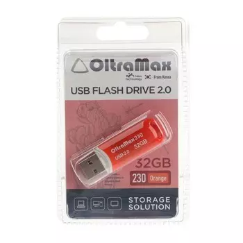 Флешка OltraMax 230, 32 Гб, USB2.0, чт до 15 Мб/с, зап до 8 Мб/с, оранж
