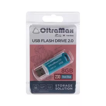 Флешка OltraMax 230, 8 Гб, USB2.0, чт до 15 Мб/с, зап до 8 Мб/с, синяя