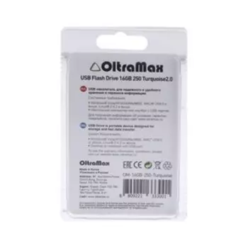 Флешка OltraMax 250, 16 Гб, USB2.0, чт до 15 Мб/с, зап до 8 Мб/с, бирюзовая