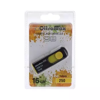 Флешка OltraMax 250, 16 Гб, USB2.0, чт до 15 Мб/с, зап до 8 Мб/с, жёлтая