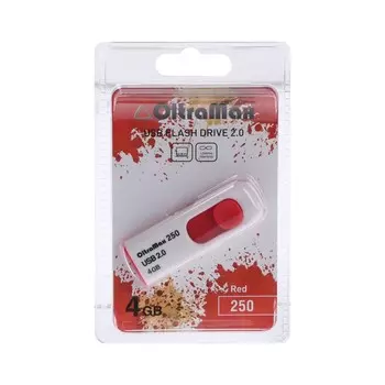 Флешка OltraMax 250, 4 Гб, USB2.0, чт до 15 Мб/с, зап до 8 Мб/с, красная