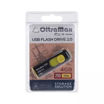 Флешка OltraMax 250, 4 Гб, USB2.0, чт до 15 Мб/с, зап до 8 Мб/с, жёлтая