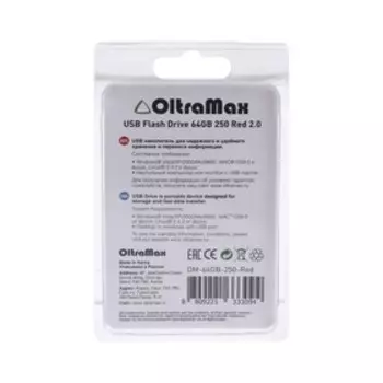 Флешка OltraMax 250, 64 Гб, USB2.0, чт до 15 Мб/с, зап до 8 Мб/с, красная