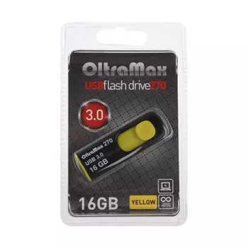 Флешка OltraMax 270, 16 Гб, USB3.0, чт до 70 Мб/с, зап до 20 Мб/с, желтая
