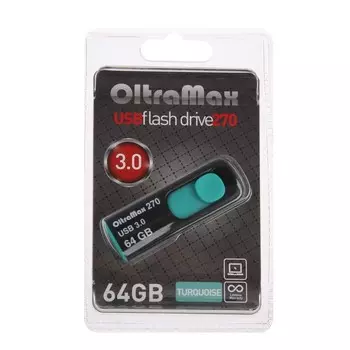 Флешка OltraMax 270, 64 Гб, USB3.0, чт до 70 Мб/с, зап до 20 Мб/с, бирюзовая