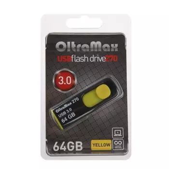 Флешка OltraMax 270, 64 Гб, USB3.0, чт до 70 Мб/с, зап до 20 Мб/с, желтая