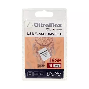 Флешка OltraMax 50, 16 Гб, USB2.0, чт до 15 Мб/с, зап до 8 Мб/с, белая