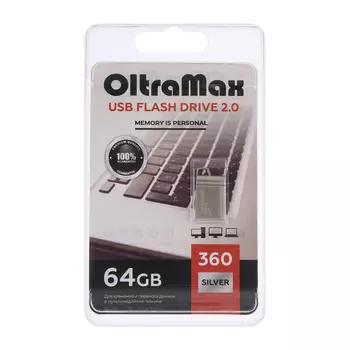 Флешка OltraMax, mini,64 Гб,USB 2.0, чт до 15 Мб/с, зап до 8 Мб/с, металическая, серебряная