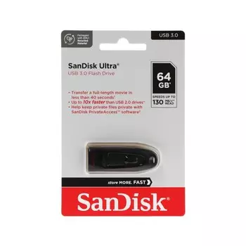 Флешка SanDisk Ultra, 64 Гб, USB 3.0, чт до 100 Мб/с, зап до 40 Мб/с, черная