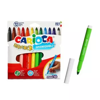 Фломастеры 12 цветов, Carioca "Bravo", утолщенные 4,0 мм, смываемые, увеличенный ресурс, суперяркие, картон, европодвес