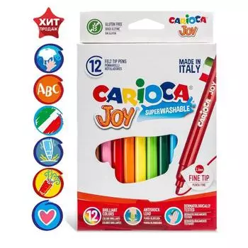 Фломастеры 12 цветов, Carioca "Joy", тонкий наконечник, увеличенный ресурс, суперяркие, легко смываемые и нетоксичные чернила, европодвес