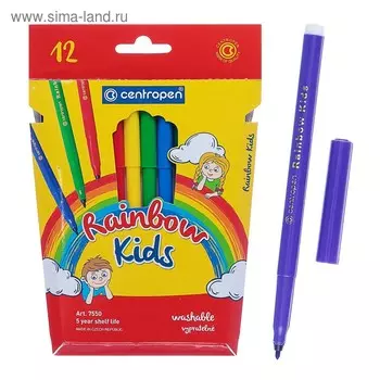 Фломастеры 12 цветов, Centropen 7550/12 Rainbow Kids, картонная упаковка, европодвес