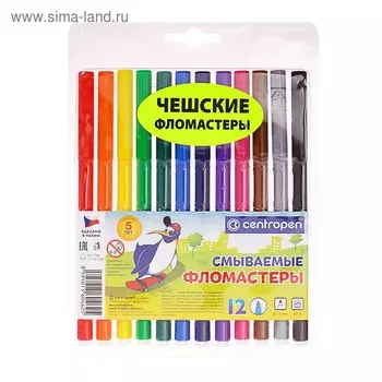 Фломастеры 12 цветов Centropen 7790 Washable 1.8 мм, блистер, европодвес, линия 1.0 мм