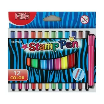 Фломастеры 12 цветов, толстые, с печатями, в картонной коробке, вентилируемый колпачок