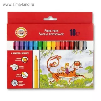 Фломастеры 18 цветов Koh-I-Noor 1002/18 смываемые, трёхгранные, картонная упаковка, европодвес