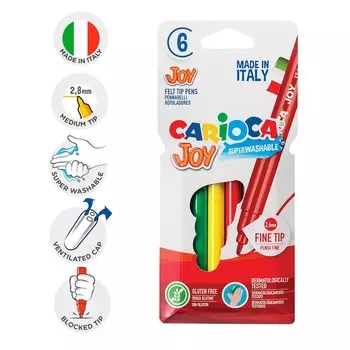 Фломастеры 6 цветов Carioca Joy, 2.6 мм, смываемые, увеличенный ресурс, суперяркие, европодвес