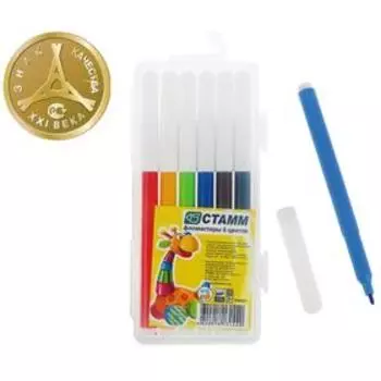 Фломастеры 6 цветов Стамм «Веселые игрушки», смываемые, вентилируемый колпачок, длина линии письма более 400 м, в пенале, европодвес
