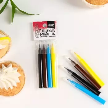 Фломастеры пищевые для украшения десертов и пасхальных яиц: чёрный, коричневый, жёлтый, голубой, 4 шт