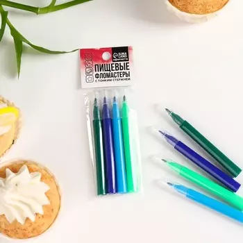 Фломастеры пищевые для украшения десертов и пасхальных яиц: синий, голубой, светло-зелёный, темно-зелёный, 4 шт