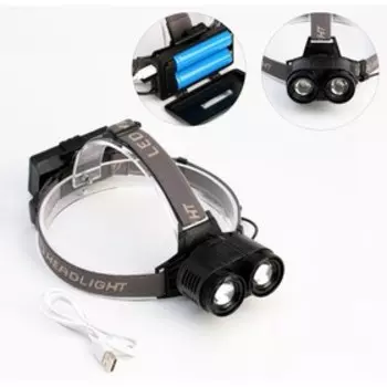 Фонарь налобный аккумуляторный, Т6, 20 Вт, 2х1200 мАч, USB, 4 режима