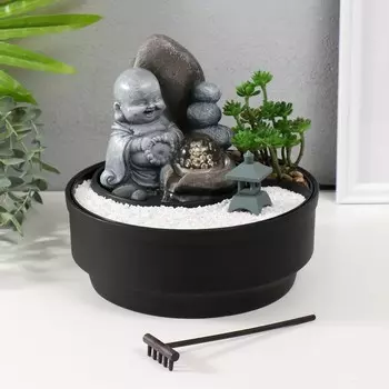 Фонтан настольный, японский сад камней «Маленький хотей в саду Дзен», от сети с подсветкой, 212121 см