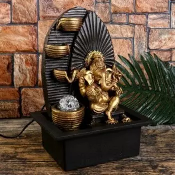 Фонтан настольный от сети, подсветка "Золотой Ганеша у водопада с чашами" 35х25х20 см