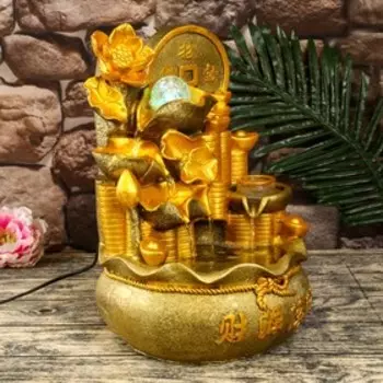 Фонтан настольный полистоун от сети свет "Монета и лотосы" 38х26,5х22 см