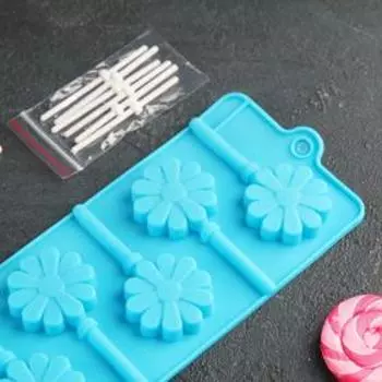 Форма для леденцов Доляна «Ромашка», силикон, 9.5241 см, 6 ячеек (d=3.8 см), с палочками, МИКС