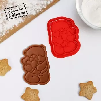 Форма для печенья «Мишка с сердцами», штамп, вырубка, цвет красный
