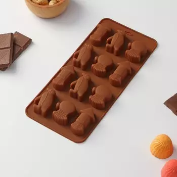 Форма для шоколада Доляна «Пингвины», силикон, 21.5101.5 см, 12 ячеек, коричневая