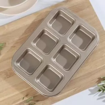 Форма для выпечки Доляна «Голд. Квадрат», 26,5×19×3 см, 6 ячеек, антипригарное покрытие