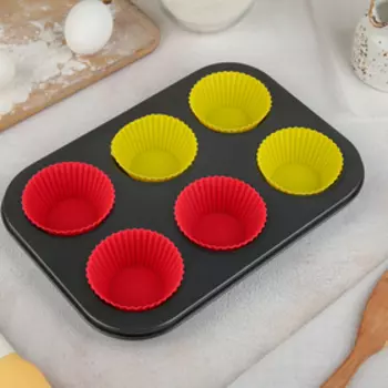 Форма для выпечки Доляна «Силикон плюс», 2718.5 см, 6 ячеек, силиконовые вкладки, антипригарное покрытие, формочки, МИКС