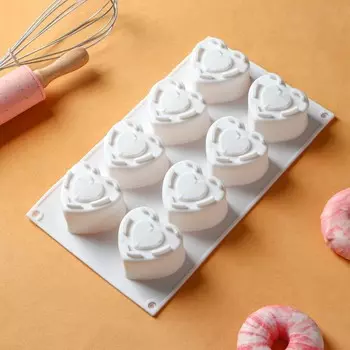 Форма для муссовых десертов Доляна «Сердце», силикон, 29174.3 см, 8 ячеек (5.56.23.5 см), белая