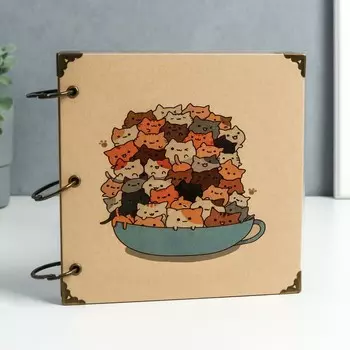 Фотоальбом на кольцах 30 листов «Котики в чашке», чёрные листы, 18.518.5 см