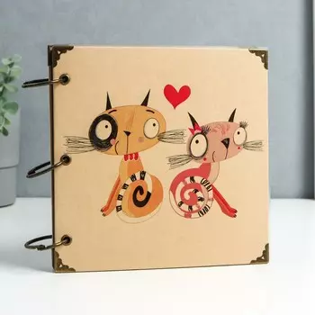 Фотоальбом на кольцах 30 листов "Нарисованные котики" чёрные листы 18,5х18,5 см