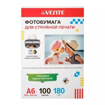 Фотобумага для струйной печати A6 (10 х 15 см), 100 листов deVENTE, глянцевая, односторонняя, блок 180 г/м2