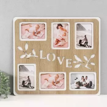 Фоторамка ЛХДФ "Love птички" 46х51 на 6 фото 10x15 см, цв. дуб/белый (пластиковый экран)