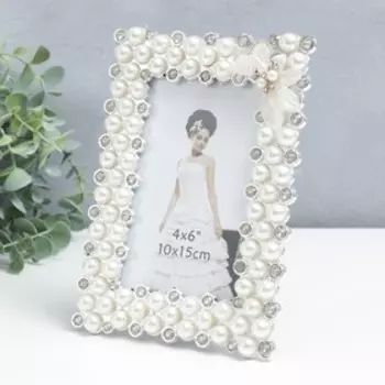 Фоторамка пластик 10х15 см "Орхидея" жемчуг и стразы, белая 20х14,5 см