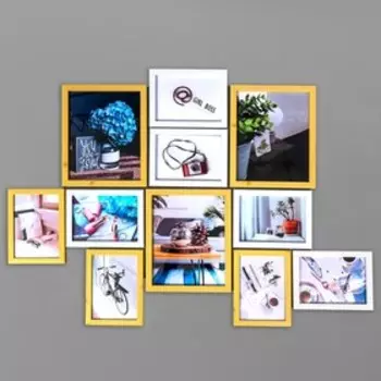 Фоторамка пластик на 11 фото+наклейка "Птицы" бежево-белые набор 103х148 см