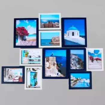 Фоторамка пластик на 11 фото+наклейка "Птицы" сине-белые набор 103х148 см