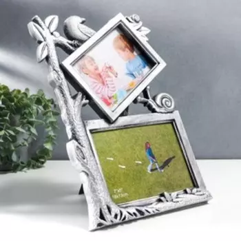 Фоторамка пластик на 2 фото: 10х15 и 13х18 см "Дерево и улитка" тёмное серебро 33,5х23 см