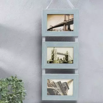 Фоторамка пластик на 3 фото 10х15 см "Серо-голубой" на ленте 56х19х2 см