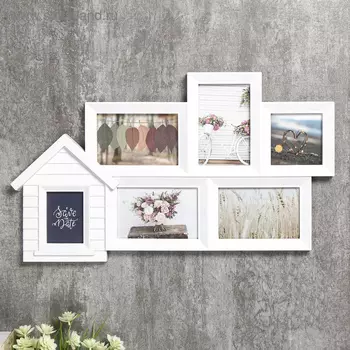 Фоторамка пластик на 6 фото 7х10, 10х10, 10х15 см "Домик" белая 32х56х2 см