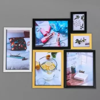 Фоторамка пластик на 6 фото+надпись+полочки "Family. Птицы" бежево-белые набор 86х186 см