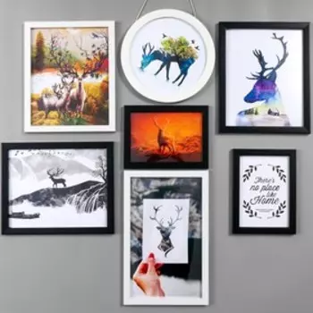 Фоторамка пластик на 7 фото+надпись+полочка "Family. Птицы" чёрно-белые набор 86х186 см