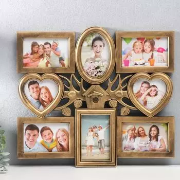 Фоторамка пластик на 8 фото 10х10, 10х15 см "Скворечник на дереве" тёмн.золото 44,5х49,5 см 697726