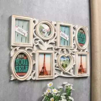 Фоторамка пластик на 8 фото 10х10 см, 10х15 см "Цветущая" золото с белым 57,5х37,5 см