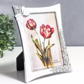 Фоторамка пластик под металл 13х18 см "Розы и бант" серебро и перламутр 17х22,5х1,3 см