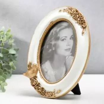 Фоторамка полистоун 10х15 см овальная "Золотая птичка и розы" белая 20х15 см