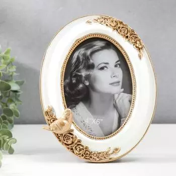 Фоторамка полистоун 10х15 см овальная "Золотая птичка и розы" белая 20х15 см